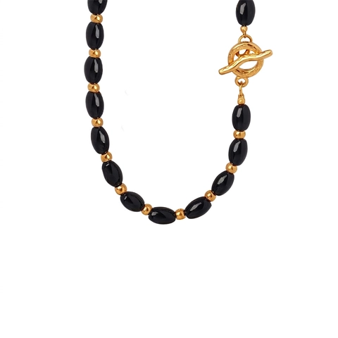 Natural Black Agate Beaded Necklace For Women Vintage Handmade Toggle Clasp Oval Bead Necklace Elegant Retro Jewelry Gift