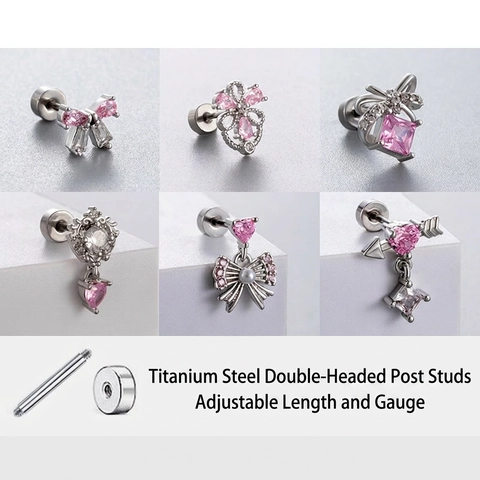 Pendientes De Acero Inoxidable Con Circón Rosa Lazo Corazón Cierre De Rosca Para Mujer Joyería De Piercing Fina