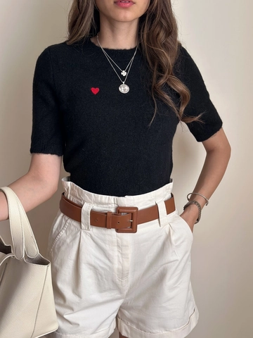 Women Short Sleeve Knit Sweater Top Heart Embroidery Round Neck Cotton Blend Slim Fit Solid Color Casual Pullover