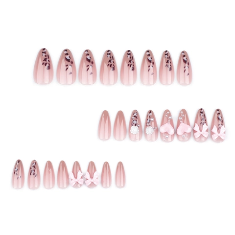 Uñas 3D Press On Con Lazos Rosas Corazón Estampado Leopardo Almendra Stiletto Uñas Postizas Perla Artificial Rosa Estilo Dulce Mujeres