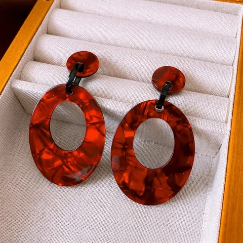 Orecchini Ovali Cavi In Acrilico Con Perno In Argento Sterling 925 Motivo Tartarugato Rosso Geometrico Moda Per Donna