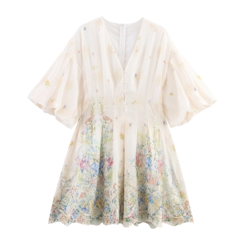 V-Ausschnitt Blumenstickerei Minikleid Puffärmel Süß Vintage Gesmokte Taille Chiffon-Textur Künstliche Perlenknöpfe Für Damen