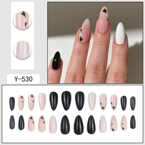 Unghie Finte A Mandorla Pressione Motivo Cuore Nero Nude Rosa Bianco Plastica Copertura Totale Stiletto Elegante Donna