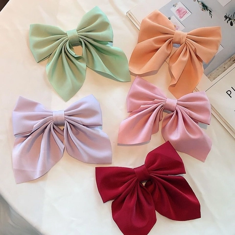 Grande Pince À Cheveux Noeud Satin Satin Tissu Surdimensionné Barrette À Bec De Canard Couleur Unie Pois Carreaux Femme