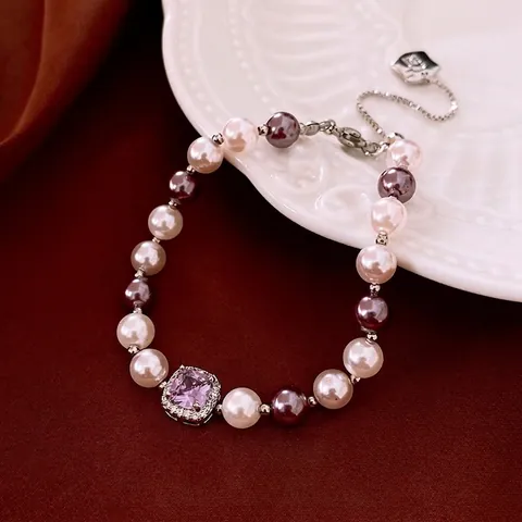 Vintage Vierkante Paarse Zirkoon Kunstparelarmband Elegante Koperen Mode Sieraden Voor Dames Met Verlengketting