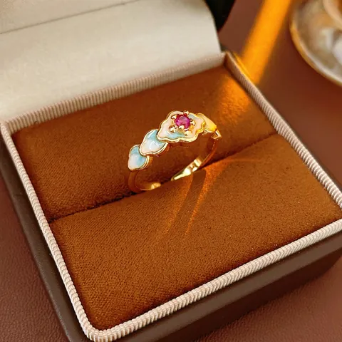 Vintage Offener Ring Kupfer Echtgold Vergoldet Emaille Wolkenmuster Roter Zirkon Verstellbarer Retro Schmuck Damen