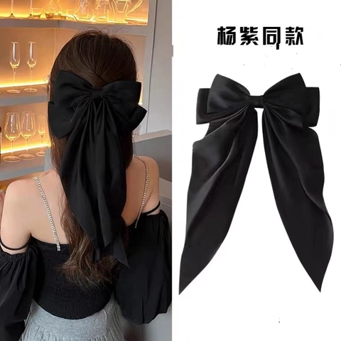 Large Satin Bow Hair Clip With Long Ribbons Elegant Double Layer Streamers Hairpin For Women Solid Color