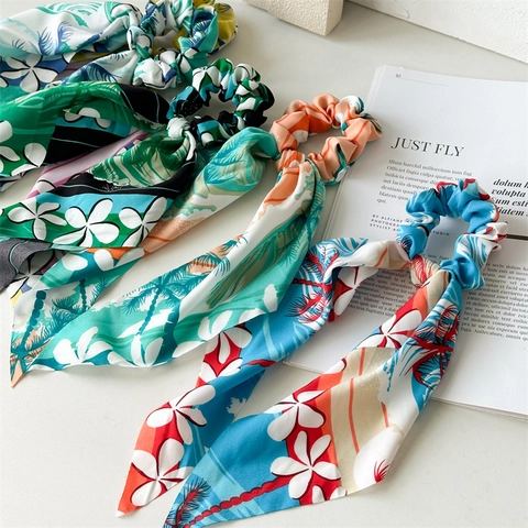 Tropischer Palmen Blumenmuster Satin Schal Haargummi Damen Elastische Haarbänder Mit Langer Schleife Sommer Strand Urlaub Accessoires