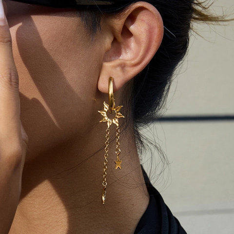 Stainless Steel Star Moon Sun Tassel Hoop Earrings For Women Gold Plated Celestial Dangle Earrings With Zircon Jewelry