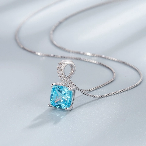 925 Sterling Silver Square Cushion Cut Gemstone Pendant Necklace For Women Elegant Rhinestone Clavicle Chain Jewelry Gift