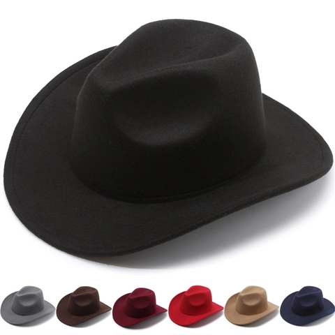 Western Cowboy Hat Wide Brim Felt Fedora Jazz Hat With Metal Bull Head Leather Band Adjustable Wind Rope For Men Women