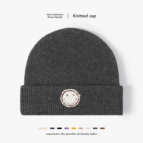 Beanie Mütze Gestrickt Kunstkaninchenfell Warm Winter Streetwear Smile Face Patch Gerippt Unisex Weich