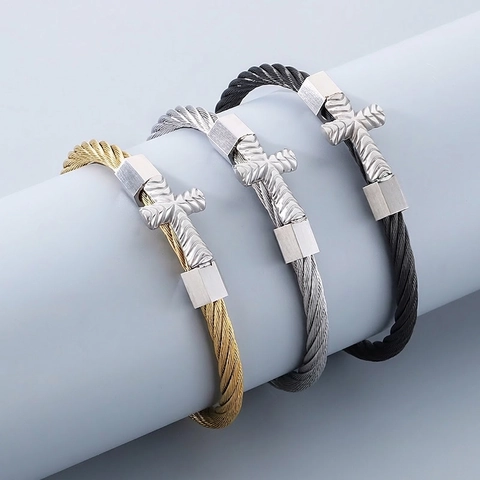 Cross Bangle Bracelet Stainless Steel Twisted Cable Wire Rope Open Cuff Punk Rock Jewelry For Men Women