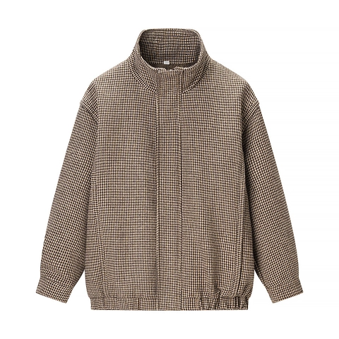 Dames Houndstooth Jas Opstaande Kraag Rits Casual Vintage Losse Pasvorm Polyester Bruin Beige