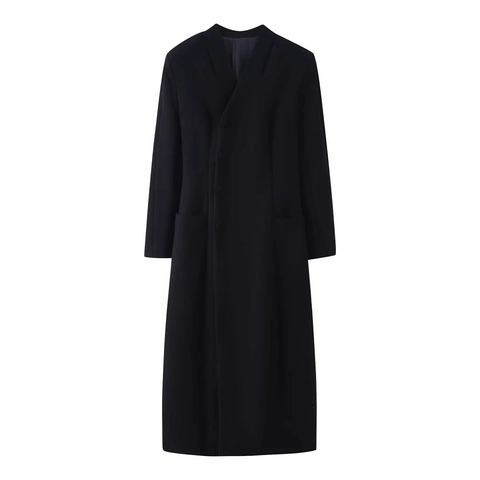 Damen Langer Wollmantel Stehkragen Seitenknöpfe Taillenbindung Schulterpolster Eleganter Herbst Winter Mantel