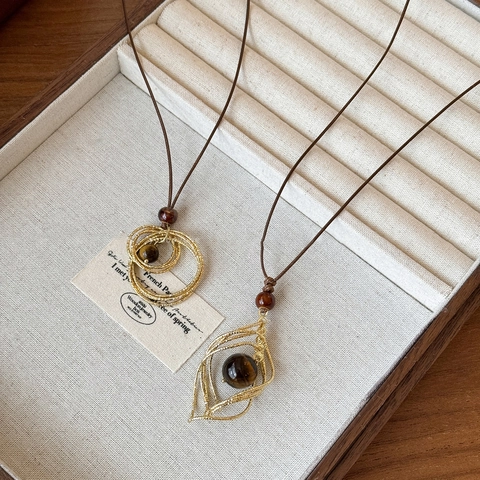 Collier Long Pendentif Vintage Alliage Plaqué Or Pierre Oeil De Tigre Géométrique Cercle Losange Chaîne Pull