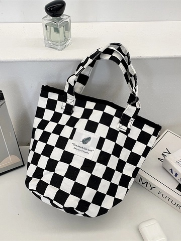 Schwarz Weiß Schachbrettmuster Canvas Eimertasche Große Kapazität Lässige Tragetasche Einfacher Stil Für Frauen