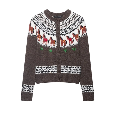 Cardigan In Maglia Donna Maniche Lunghe Girocollo Con Bottoni Motivo Fair Isle Cavallo Cactus Retro Etnico