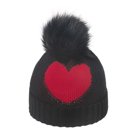 Kinder Mädchen Herzmuster Strickmütze Winter Warm Acryl Bommel Outdoor Kälteschutz Rippbündchen