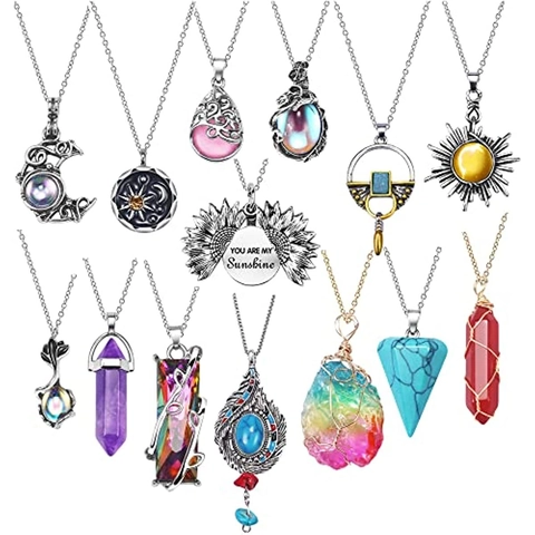 Vintage Bohemian Alloy Natural Stone Pendant Necklace For Women Moon Sun Sunflower Crystal Column Wire Wrapped Jewelry Necklace