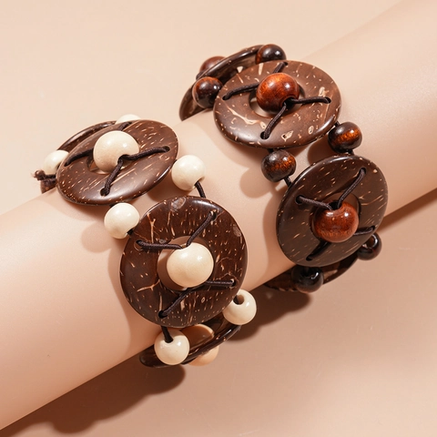 Bracciale Fatto A Mano In Guscio Di Cocco E Perle Di Legno Etnico Bohémien Elastico Rotondo Braccialetto Retro Tribal