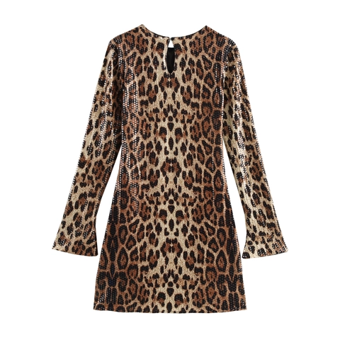 Damen Leopard Pailletten Mini Kleid Rundhals Rückenlos Langarm Sexy Slim Fit Party Clubwear