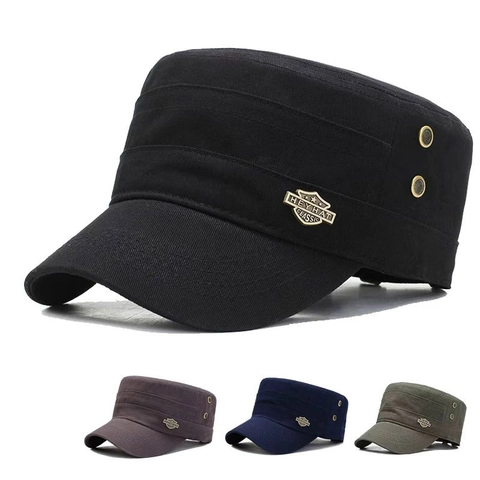 Heren Cadet Cap Flat Top Militaire Hoed Verstelbaar Polyester Katoen Zonbescherming Outdoor Casual Met Metalen Badge