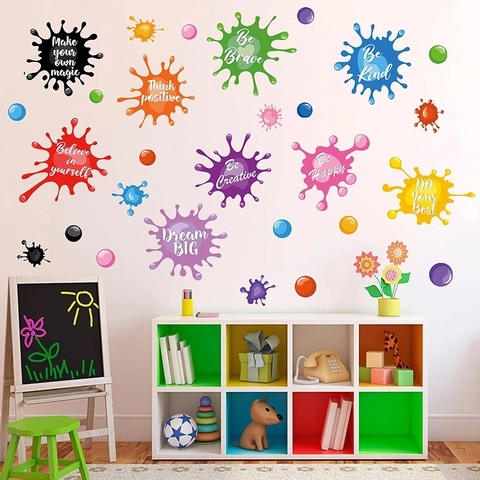 Kleurrijke Inktspat Wandstickers PVC Zelfklevend Inspirerende Citaten Decoratie Voor Kinderkamer Klaslokaal Speelkamer