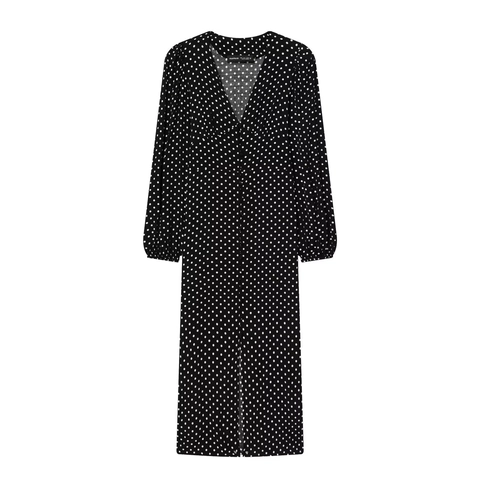 Polka Dot Langarm Maxi Kleid Für Damen V Ausschnitt Hohe Taille A Linie Knopfleiste Schlitz Elegant Frühling Mode