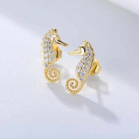 Orecchini a Bottone a Forma di Cavalluccio Marino in Argento Sterling 925 Con Micro Zirconia Simpatici Gioielli Animali Marini per Donna Oro Argento
