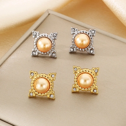 Vintage Quadratische Ohrstecker Edelstahl Muschelperle Strass Barock Hofstil Schmuck Für Damen