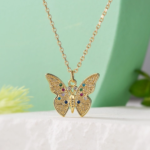 Collana Con Pendente A Farfalla Rame Placcato Oro Con Zirconi Colorati Stile Ins Catena Per Clavicicola Versatile Per Donne
