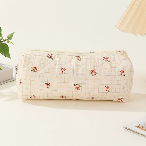 Neceser De Maquillaje De Algodón Acolchado Estampado Floral Bolsa De Viaje Portátil Estuche De Lápices Para Mujeres Niñas