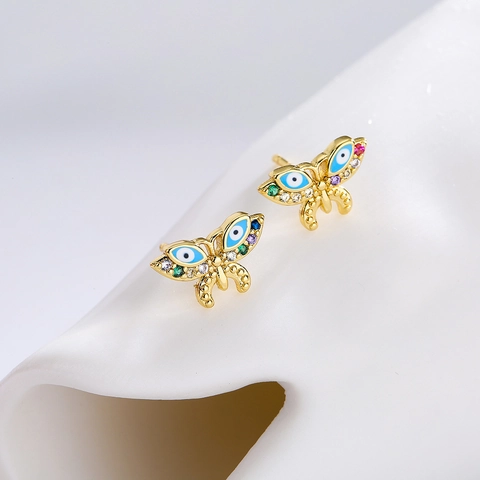 Butterfly Stud Earrings Copper Base Colorful Cubic Zirconia Enamel Evil Eye Gold Plated Delicate Jewelry Women