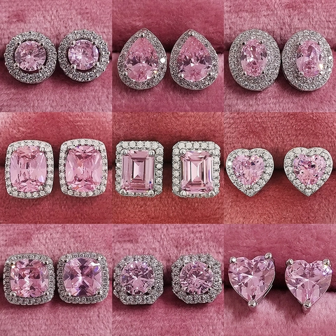Elegant Pink Rhinestone Stud Earrings For Women Copper Halo Heart Round Square Shapes Daily Jewelry Accessories Gift