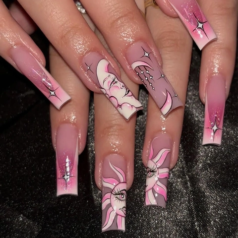 Celestial Sun Moon Star Coffin Press On Nails Pink Gradient Glitter Glossy Long Fake Nails Art For Women
