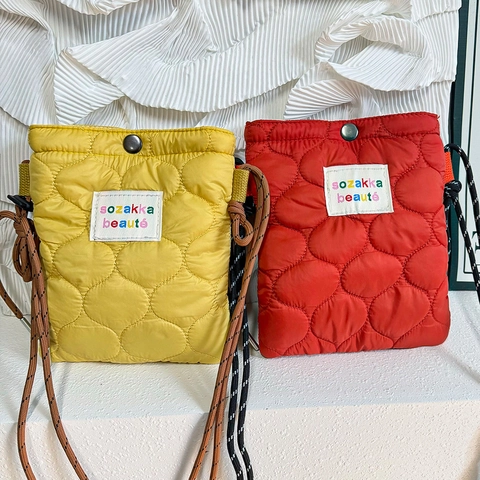 Quilted Crossbody Bag Mini Phone Pouch Nylon Padded Shoulder Handbag With Adjustable Rope Strap For Women Students
