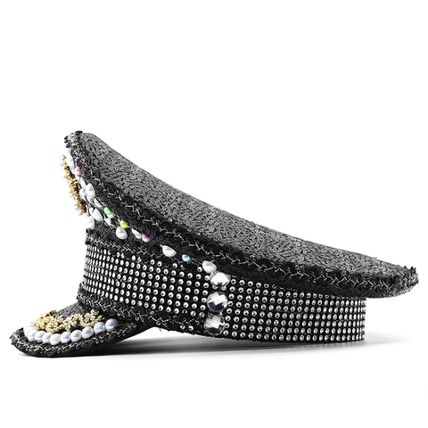Glänzender Pailletten Militärhut Mit Strass Künstliche Perlen Dekoration Cameo Pin Für Bühne Nachtclub Party Performance Kapitänsmütze