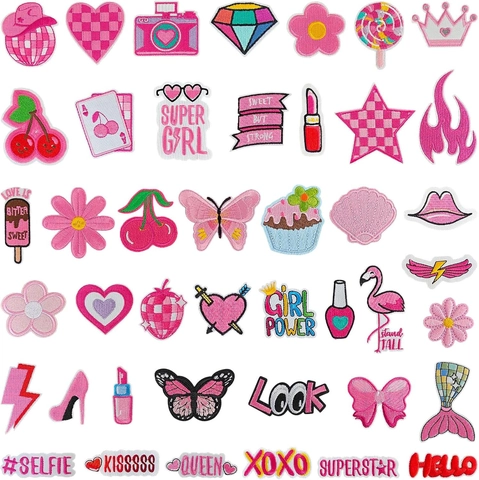 Pink Cute Embroidered Patch Set For Girls Clothing DIY Heart Camera High Heels Pattern Iron On Fabric Applique For Jackets Backpacks