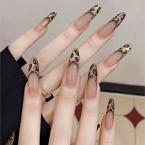 Uñas Postizas A Presión Almendra Largas Diseño Leopardo Francés Brillo Champán Plástico ABS