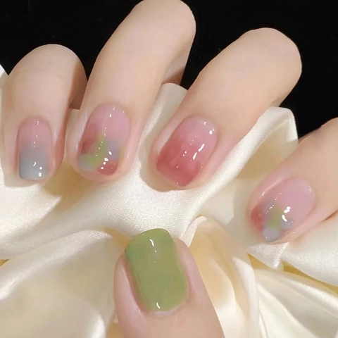 Press On Nails Short Square Ink Blooming Gradient Summer Fresh Style Full Cover Artificial Fake Nails With Glue