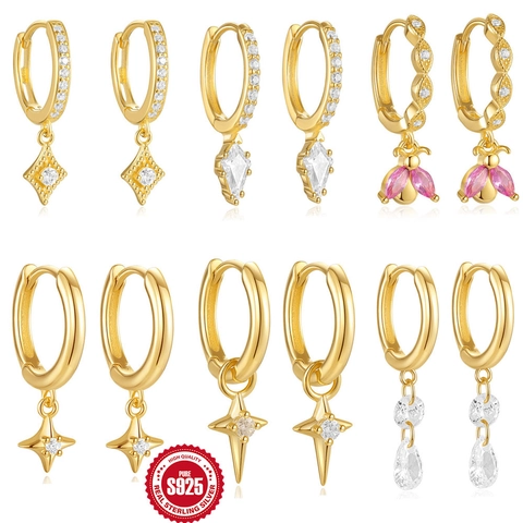 925 Sterlingsilber Biene Hoop Ohrringe Vergoldet Zirkonia Geometrische Stern Anhänger Ohrringe Für Damen Mode Schmuck