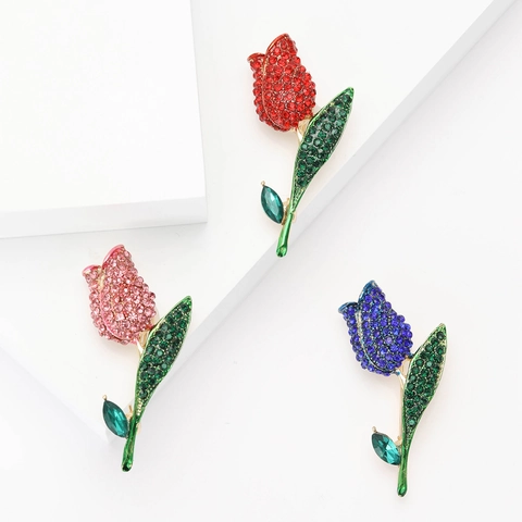 Spilla Tulipano Lega Strass Smalto Fiore Corsage Pin Donne Elegante Moda Abito Formale Completo Accessorio