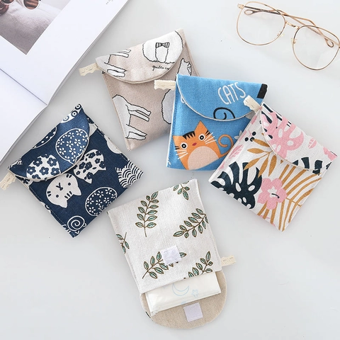 Sanitary Napkin Storage Bag Cotton Linen Menstrual Pad Pouch Portable Small Cosmetic Organizer Cartoon Animal Pattern