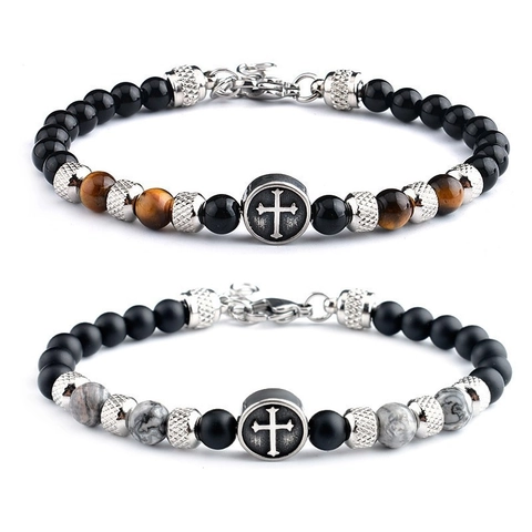 Retro Cross Beaded Bracelet Stainless Steel Natural Tiger Eye Stone Agate Religious Jewelry For Men Women