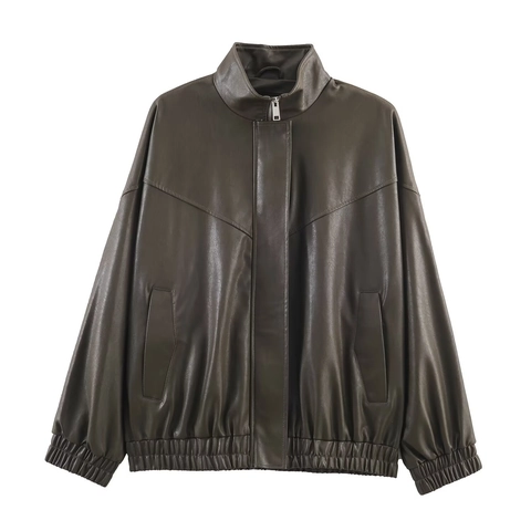 Women Faux Leather Bomber Jacket Stand Collar Pilot Jacket Long Sleeve Casual Zip Up Solid Color Outwear For Winter Fall