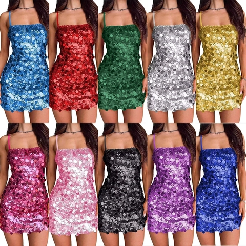 Women Sexy Sequin Cami Dress Backless Bodycon Mini Dress For Party Nightclub Banquet Polyester Sleeveless Evening Dress