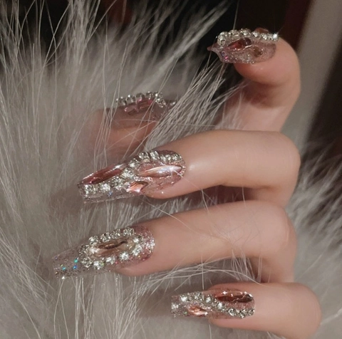 Long Coffin Press On Nails Ροζ Glitter Ψεύτικα Νύχια Πολυτελή Στρας Πολύτιμοι Λίθοι Διακόσμηση Μανικιούρ