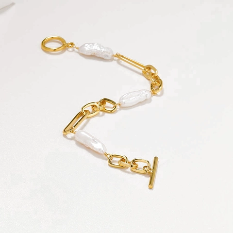 Bracciale A Catena Con Süßwasserperle Barocche Ottone Placcato Oro Con Chiusura A Gancio Gioielli Di Moda Eleganti Per Donna
