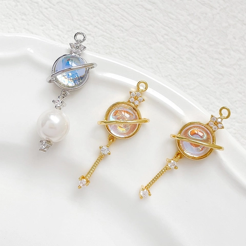 Breloques Pendentif Planète Saturne Cuivre Plaqué Or 14K Avec Pierre Oeil De Chat Zircon Pour Fabrication De Bijoux DIY